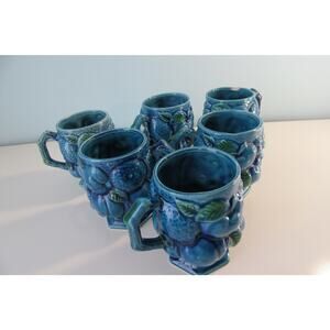 Vtg INARCO Set Of 6 Mugs Blue Mood Indigo Fruit  E2431 Coffee Tea Not Perfect